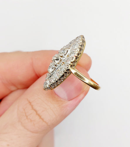 Bague 55.5 Bague marquise antique en or 18k et platine, diamants taille ancienne 1,75 ct 58 Facettes A06464