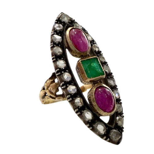 НАВЕТТЕ ПРСТЕН ОД ЖУТОГ ЗЛАТА СА РУБИНОМ И СМАРАДОМ