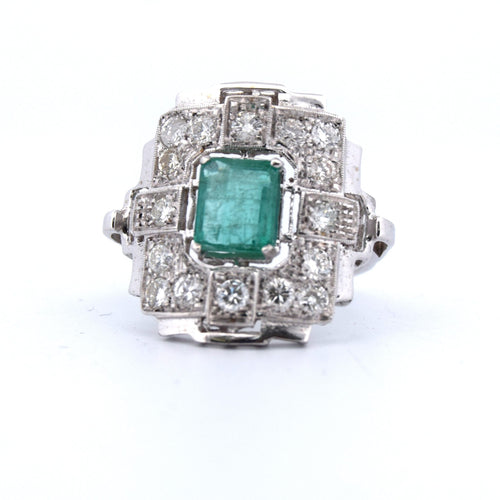 Anel Art Deco ouro esmeralda diamantes