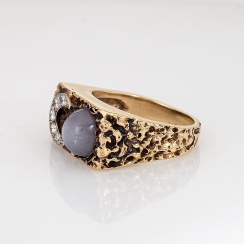 Bague 59 Bague vintage en or jaune 14 carats avec diamants, croissant de lune, étoile et saphir 58 Facettes G13899