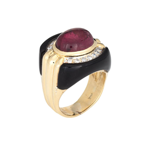 Bague Bague en or 18 carats vintage avec diamants et tourmaline rose et onyx des années 80, taille 7,5 58 Facettes G13596