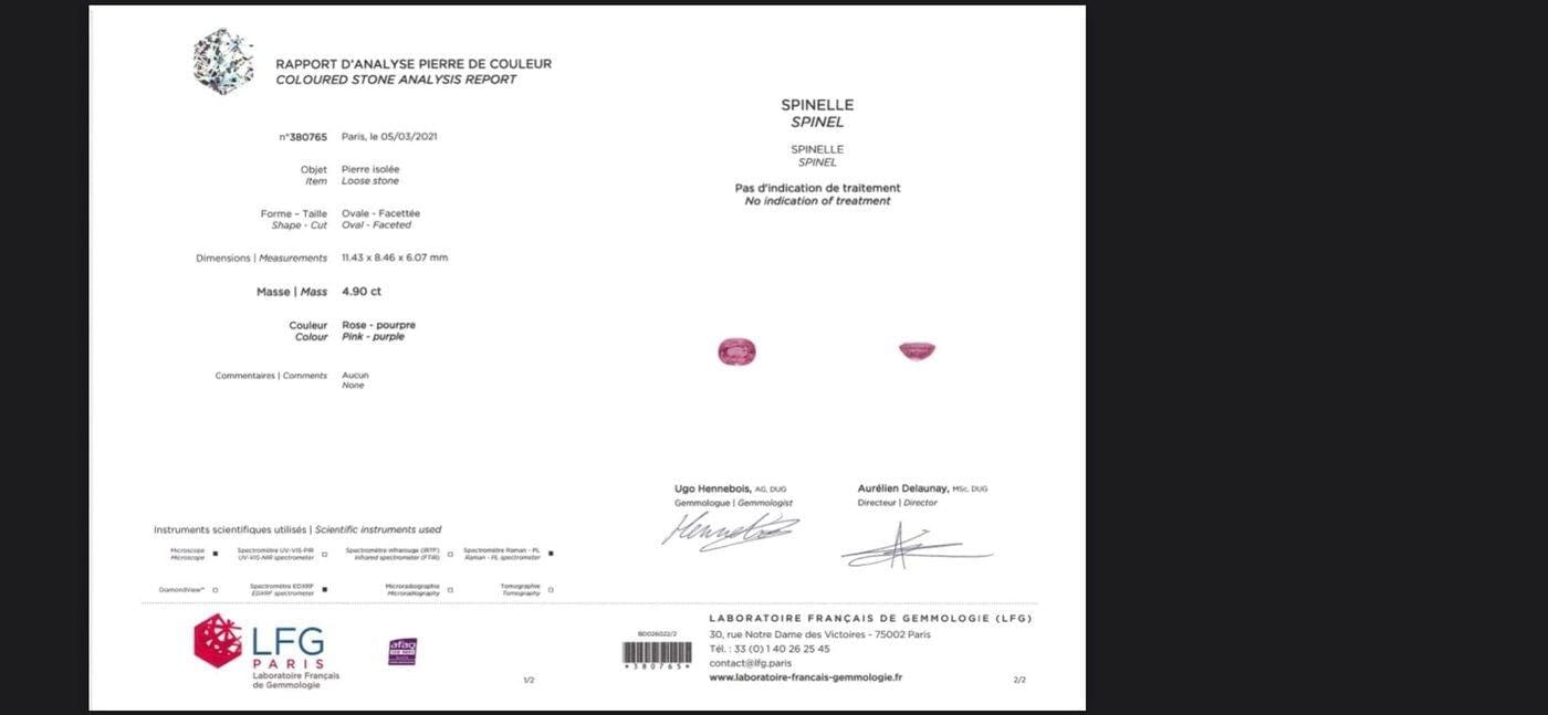 Gemstone Spinelle rose non chauffée 4.90cts certificat LFG 58 Facettes 466