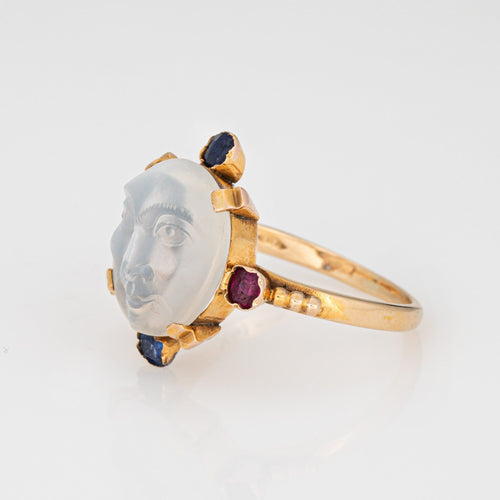 Bague 53.5 Bague victorienne antique en or jaune 14 carats avec pierre de lune et homme dans la lune 58 Facettes G13683