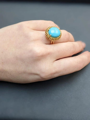 Bague 52 Bague Oursin Vintage Cabochon Turquoise Or Jaune 18 Carats 58 Facettes B337
