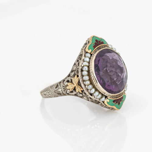 Bague Bague Art Déco Vintage Améthyste Cocktail Émail Or 14 carats Filigrane Bijoux Taille 8 58 Facettes G13492