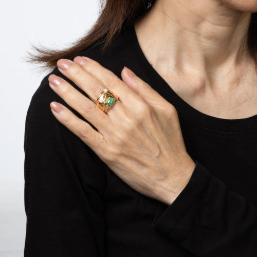 Bague 59 Bague à cigares large vintage en jade et perles, années 70 58 Facettes G14036