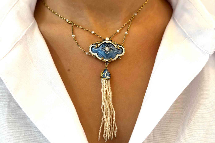 Collier Collier 19e perles fines, diamant et émail, or jaune 58 Facettes 25456