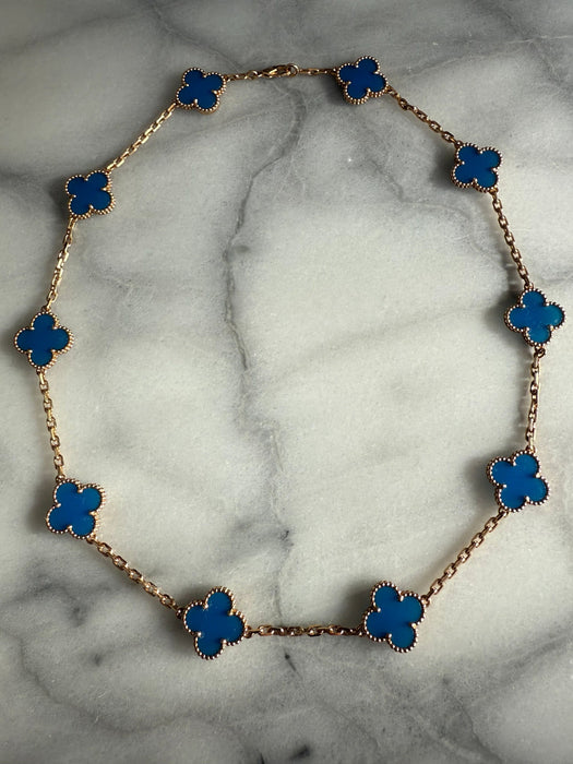 Collier VCA Van Cleef & Arpels Blue Agate Necklace 10 Motif Vintage Alhambra 18k Yellow Gold Estate Box + COA 58 Facettes G13642