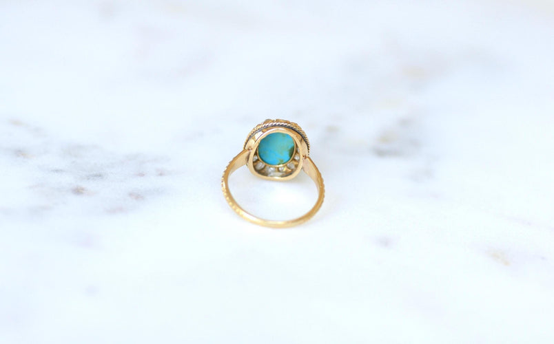 Bague 54 Bague Marguerite ancienne Turquoise et Diamants 58 Facettes