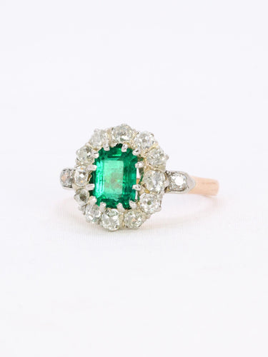 Bague 53 Bague marguerite ancienne or rose émeraude colombienne diamants 58 Facettes 1108.11