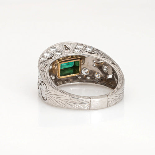 Bague Bague en platine avec émeraude et diamant, large bande gravée, taille 7,5, bijoux de succession 58 Facettes G13414