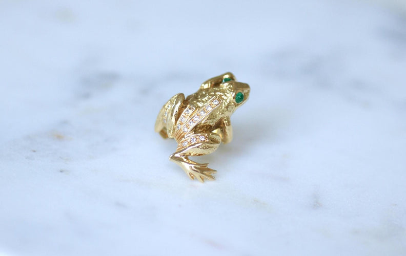 Bague 51.5 Bague Grenouille Emeraude et Diamant sur Or Jaune - 1970's 58 Facettes