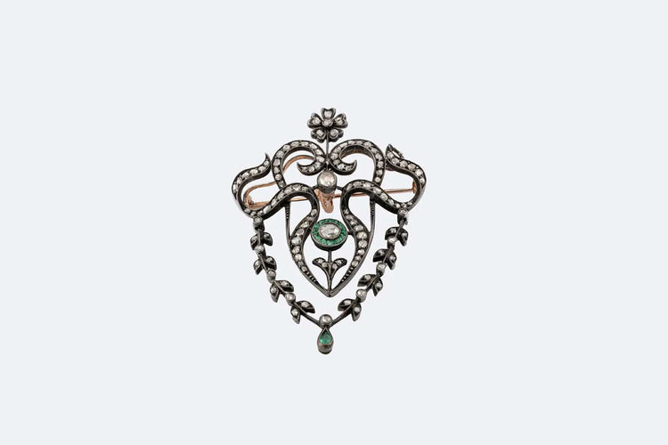 Broche Oro Giallo Spilla in oro e argento con diamanti huit- huit e smeraldi 58 Facettes SPL96