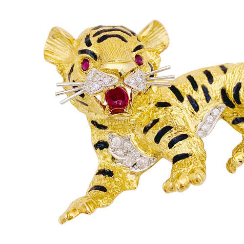 Broche Broche Sanz, "Tigre", or jaune, diamants, rubis, émail. 58 Facettes 33828