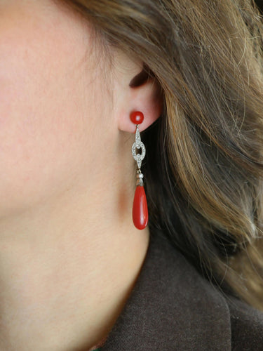 Boucles d'oreilles Boucles d'oreilles pendantes Art Deco corail rouge diamants taille rose 58 Facettes 1087.19