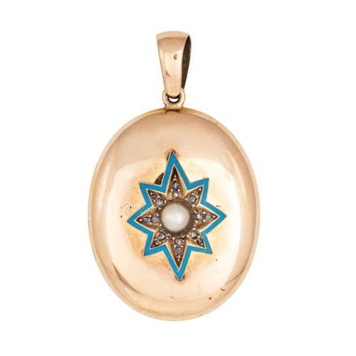 Pendentif Pendentif étoile du Nord victorien antique en émail bleu et diamant en or rose 14 carats 58 Facettes G13740
