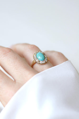 Bague 54 Bague Marguerite ancienne Turquoise et Diamants 58 Facettes