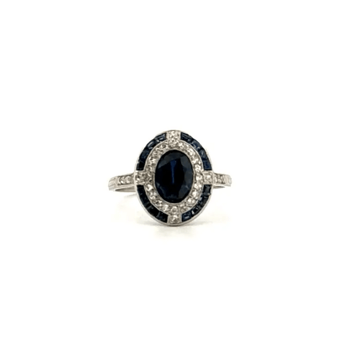 Ring Art Deco white gold sapphires and diamonds