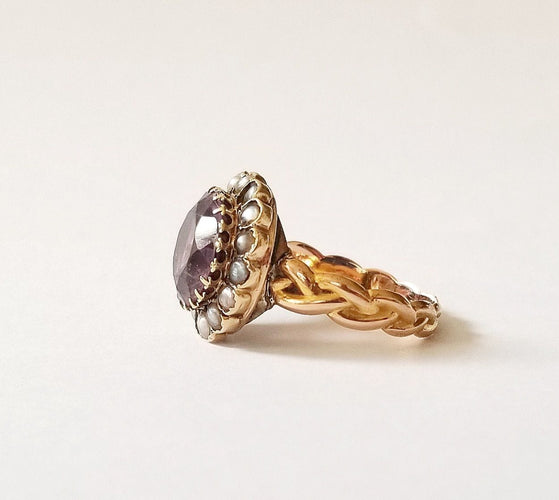 Bague 56 Bague ancienne or jaune 18k - Améthyste et Perles 58 Facettes