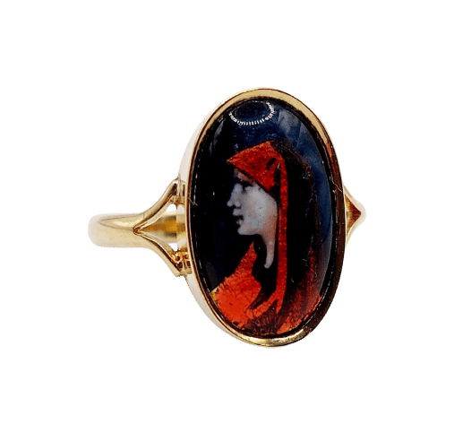 Bague 53 Bague Art Nouveau Limoges or jaune, plaque émaillée à la jeune fille (circa 1910) 58 Facettes A06387