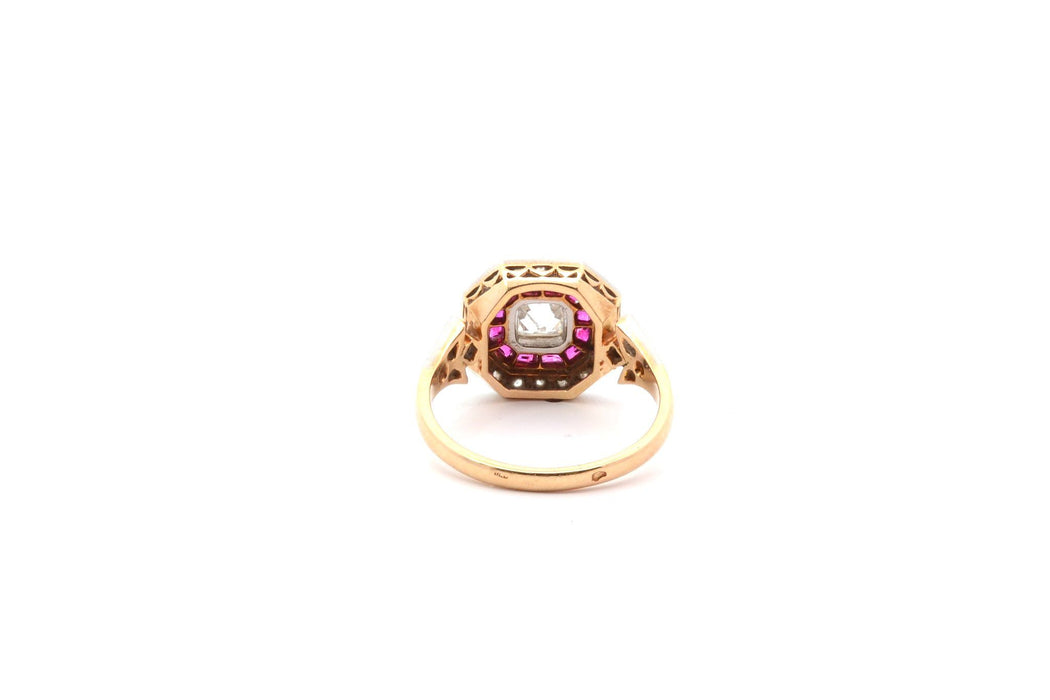 Ring Art Deco authentische Diamanten und Rubine aus Gelbgold und Platin