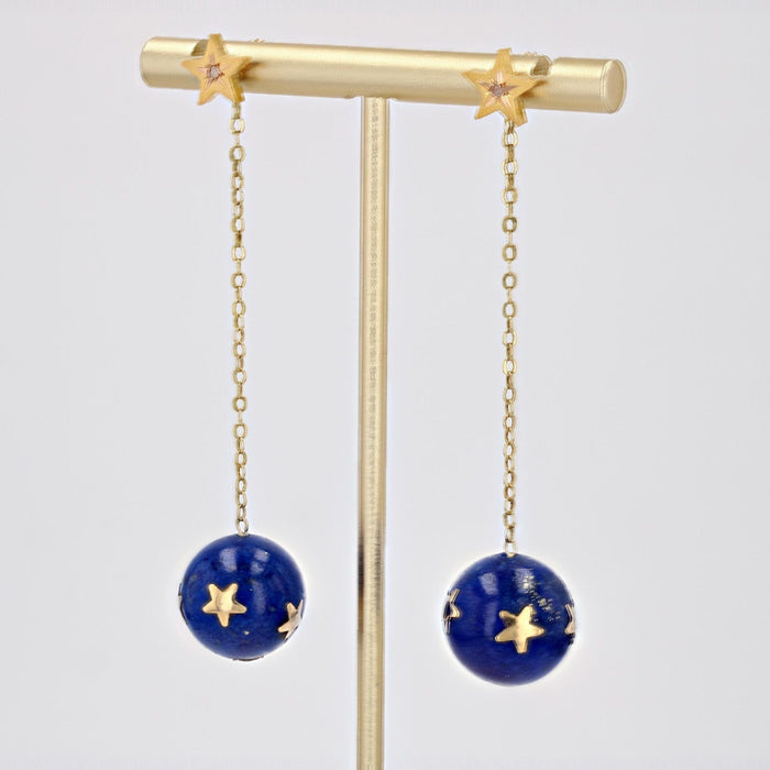 Boucles d'oreilles Pendants d'oreilles anciens étoiles or diamants taillés en rose et ses boules de lapis-lazuli étoilées 58 Facettes 23-341