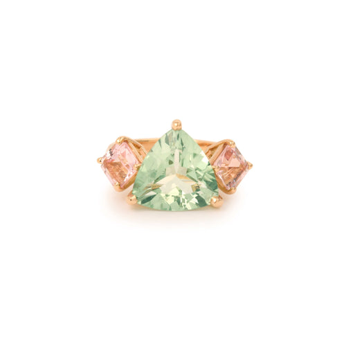 Bague 51 Bague Trilogie Or Rose, Béryl Vert Trillion 5 Carats, Morganites 58 Facettes B380