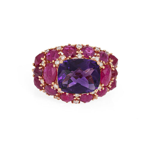 Bague 50 Bague en or rose 18 carats avec améthyste, rubis et diamants, bijou en pierres précieuses 58 Facettes G13938
