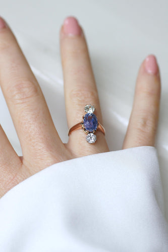 Bague 53 Bague Ancienne Saphir de Ceylan Non Chauffé et Diamants sur Or Rose 58 Facettes