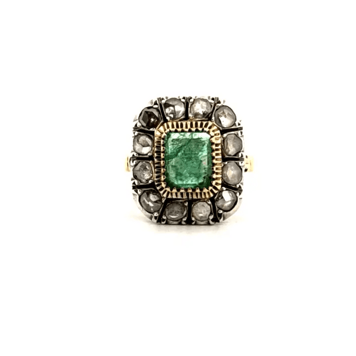 Oude geelgouden ring met smaragd en diamant