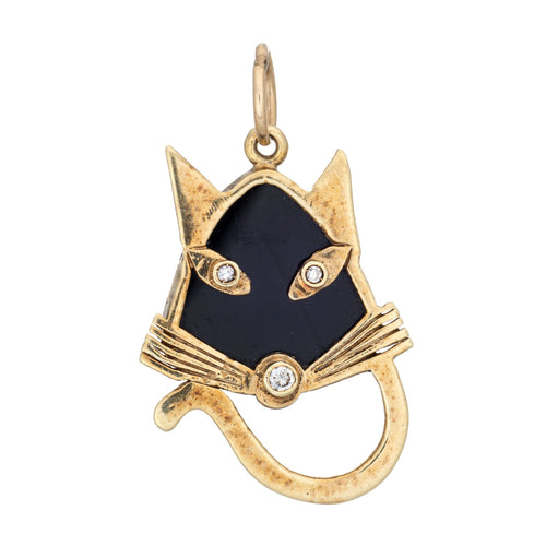 Pendentif Pendentif vintage en or jaune des années 60, breloque chat, diamant et onyx 58 Facettes G14069