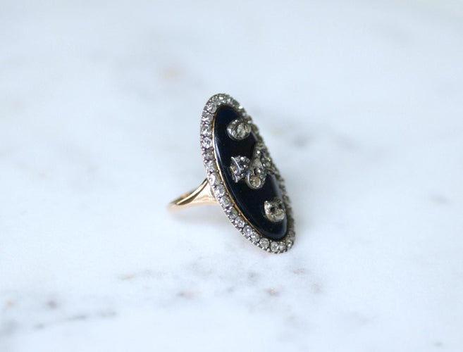 Bague 61 Bague Navette XVIIIe Siècle Diamants Email Bleu sur Or et Argent 58 Facettes