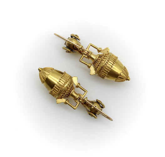 Orecchini in cannetille d'oro 14 carati, testa di ariete e anfora, stile neo-etrusco 