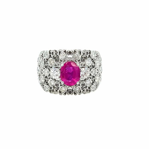 Bague 50 Bague en or vintage certifiée sans chaleur avec diamants et rubis de Birmanie gravés 58 Facettes