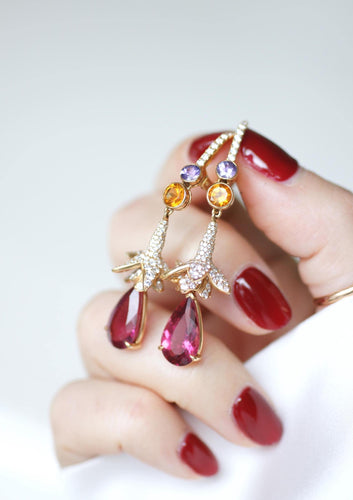 Lorenz Bäumer Boucles d'Oreilles Rubellite, Saphir, Héliodore et Diamant sur Or Jaune 58 Facettes