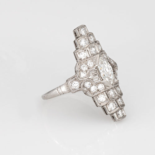 Bague 49 Bague de cocktail vintage Art déco en diamants, platine, navette, fine 58 Facettes G14077