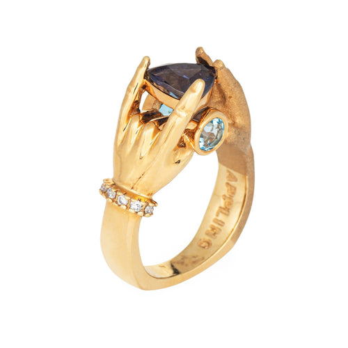 Tanzanite Topaz Hands Ring Estate 14k Yellow Gold Sz 6.5 Fine Mystical Jewelry 58 Facettes G13866