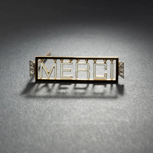 Broche Broche 'Merci" en or jaune 18K et platine, émaillée, encadrée de diamants. 58 Facettes