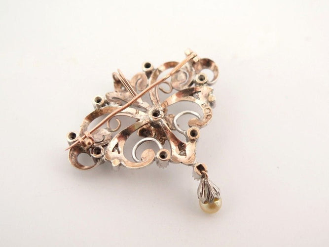 Broche vintage broche pampille perle 1850 en argent & or 18k diamants 58 Facettes 260511