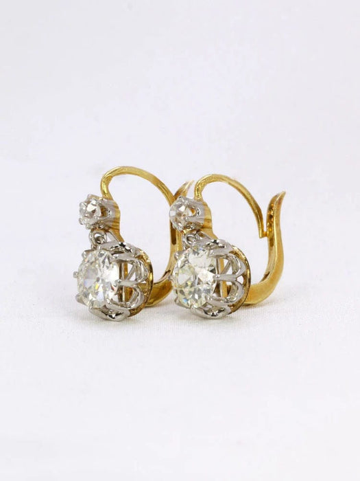 Boucles d'oreilles Dormeuses anciennes or diamants taille ancienne 2,2 ct 58 Facettes J327