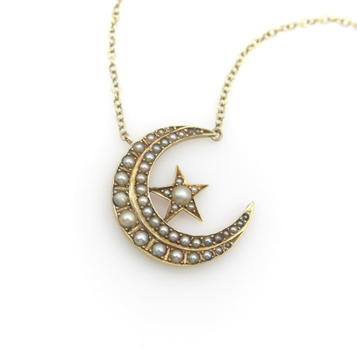 Collier Pendentif victorien en or 14 carats avec croissant de lune et étoile et chaîne en or 9 carats 58 Facettes A2004I