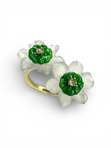 Bague 55 Bague or jaune, Fleur de Cristal de roche sablé, Jade et Diamants 58 Facettes