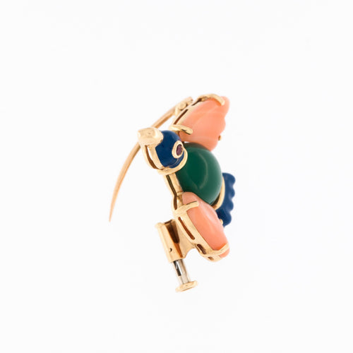 Broche CARTIER - Broche Oiseau, Or Jaune, Corail Rose, Chrysoprase, Rubis, Email Bleu 58 Facettes