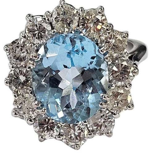 Bague 55 Bague LADY DI Cluster en or blanc, topaze bleu ciel et diamants 2,5 ct 58 Facettes Q876A