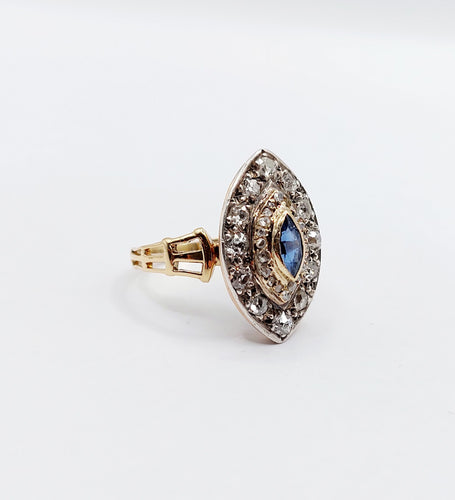 Bague 46.5 Bague marquise or rose et argent, saphir et diamants taille ancienne (circa 1900) 58 Facettes A03790