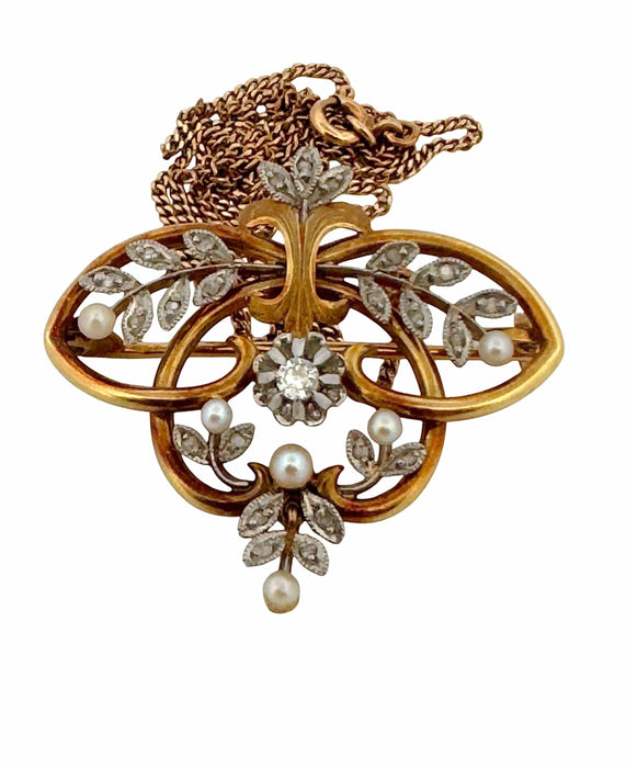 Pendentif Broche Pendentif ancien or jaune, perles, diamants 58 Facettes