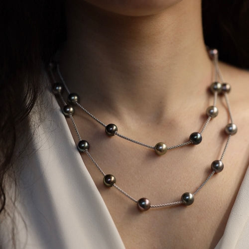 Collier Sautoir en or gris 18K avec 21 perles de culture de Tahiti réglables – 10 mm – Longueur 90 à 97 cm 58 Facettes