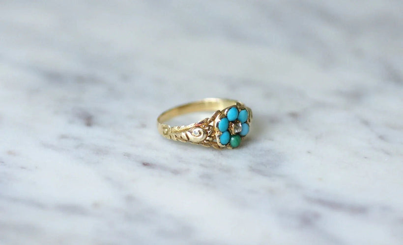 Bague Bague fleur ancienne turquoises et diamant 58 Facettes