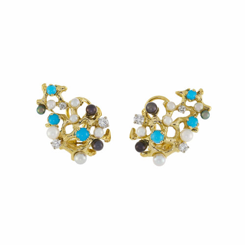 Boucles d'oreilles Clips d'Oreilles Gilbert Albert Turquoises Diamants Perles Or jaune 18 carats 58 Facettes BS154