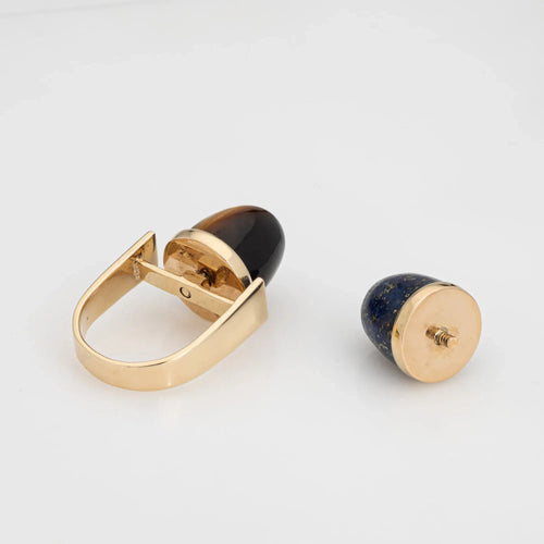 Bague 53 Bague 2 en 1 Vintage Or Jaune Lapis Lazuli Oeil de Tigre 58 Facettes G13454